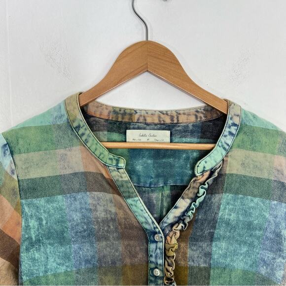 Anthropologie Isabella Sinclair Ruffled Plaid Henley Top Size Medium - Picture 4 of 13